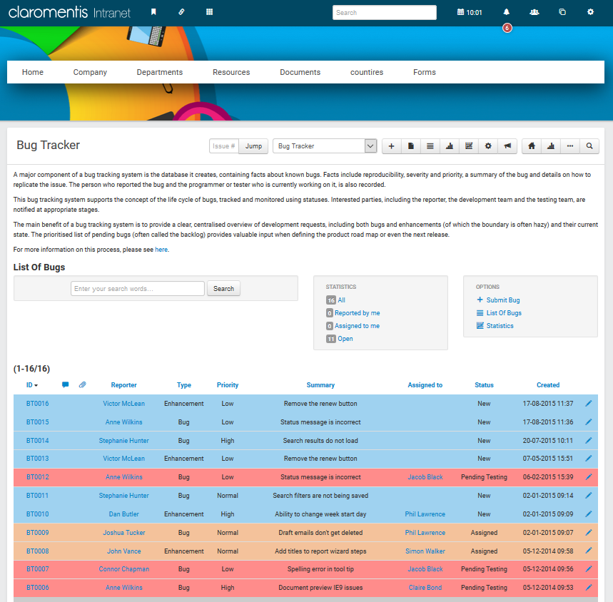 Claromentis BPM software showing a list of tickets with various statuses