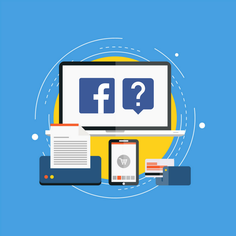 laptop with facebook icon and tablet device on a blue background and yellow circle