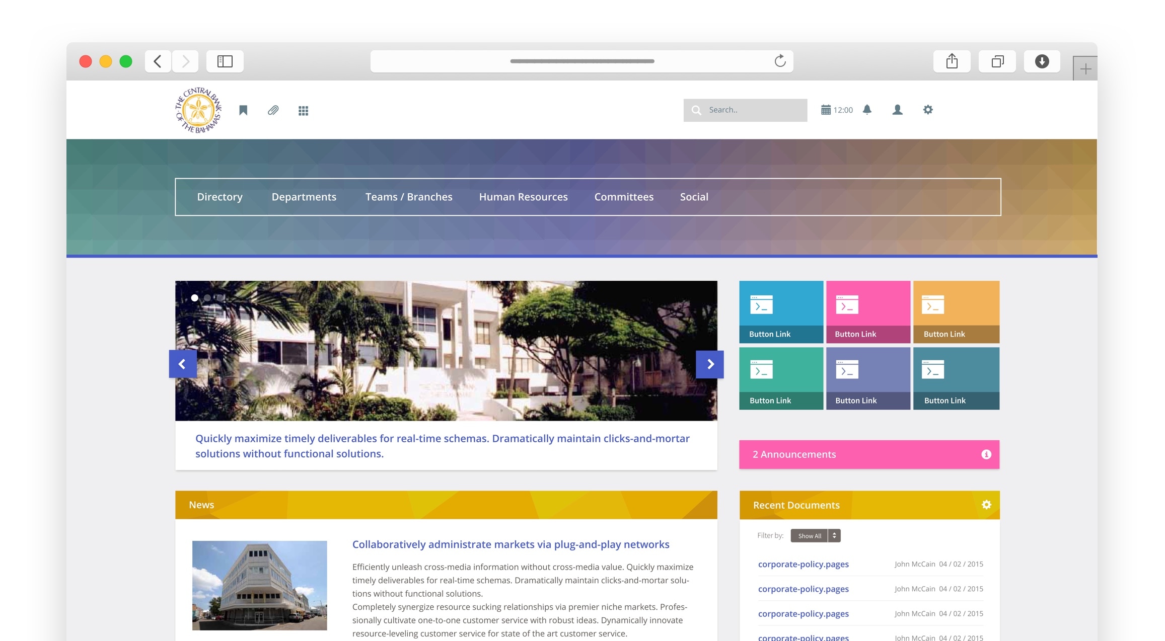 Central Bank of The Bahamas intranet landing page in a browser displaying the homepage components