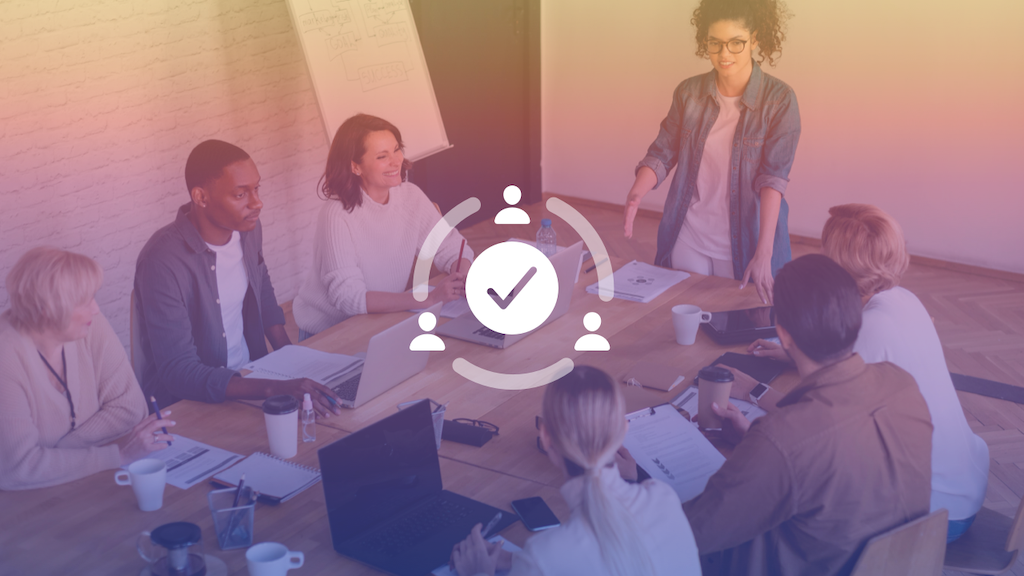 happy workers in conference room and success icon