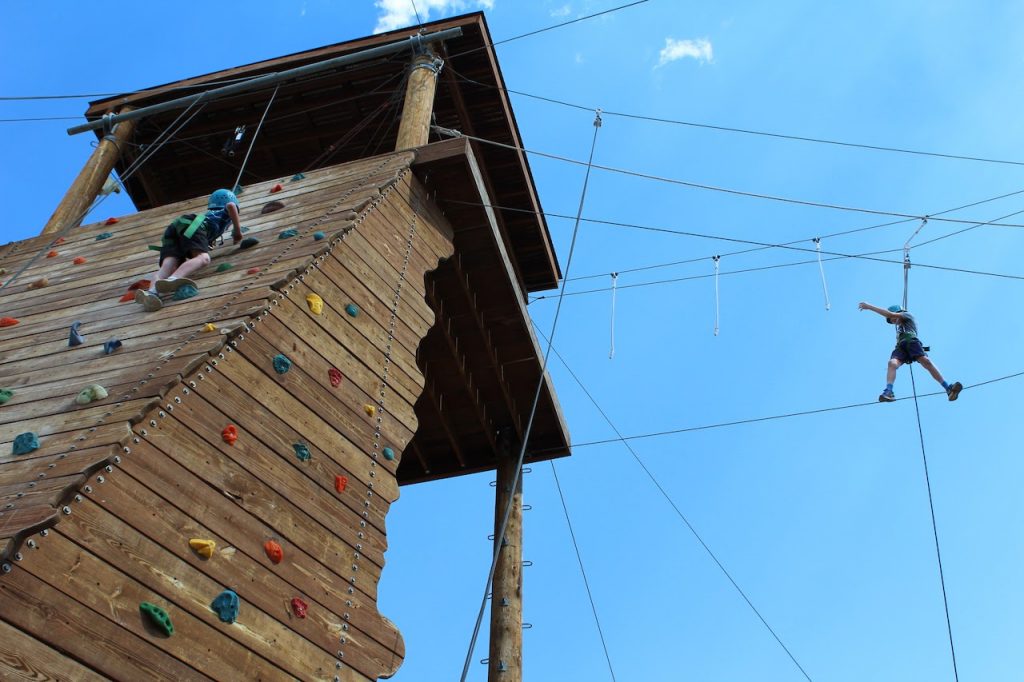 people on a high wire and climbing frame