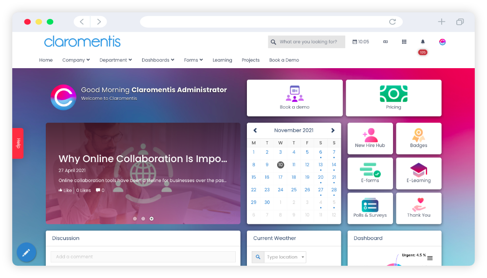 claromentis-intranet-homepage-example with news and fast access buttons