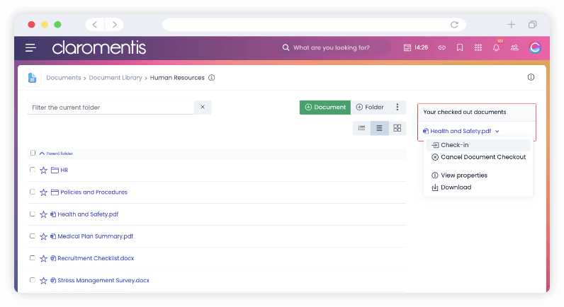 claromentis-intranet-software-showing-list-of-documents-and-checked-out-file