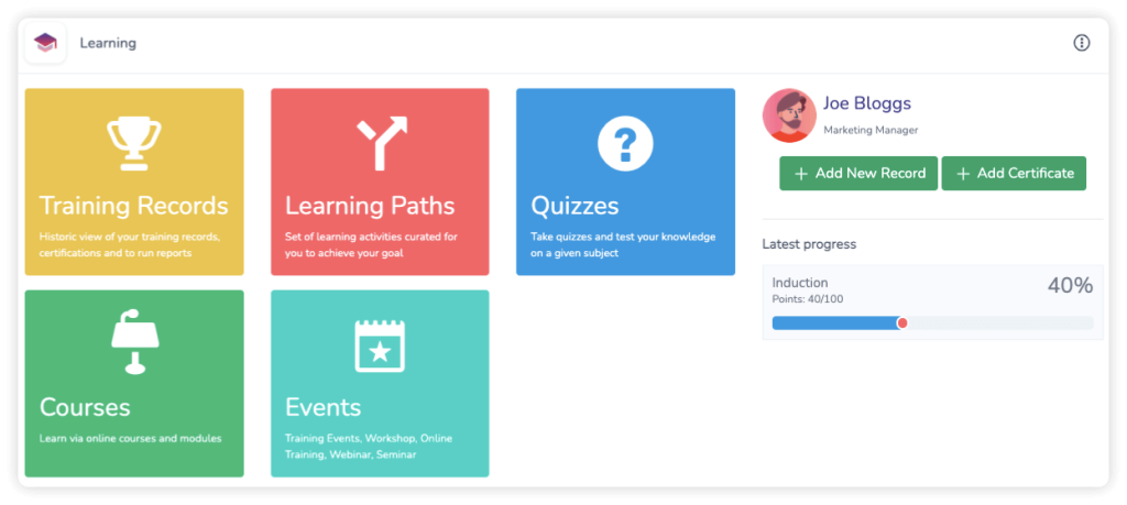 Claromentis’ learning management system dashboard