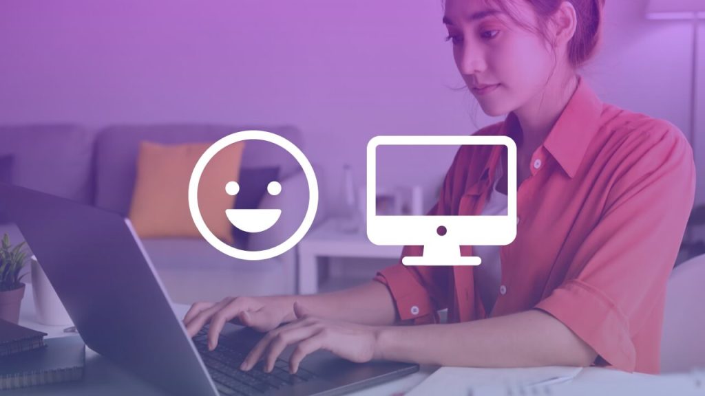 woman at laptop with happy icon and computer icon