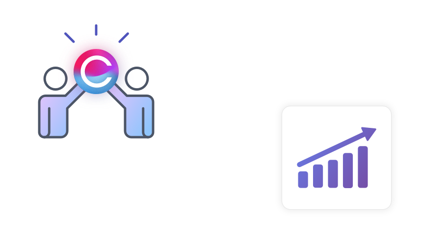 Illustration of 2 people holding up a flashing Claromentis logo and a graph showing an upward trend